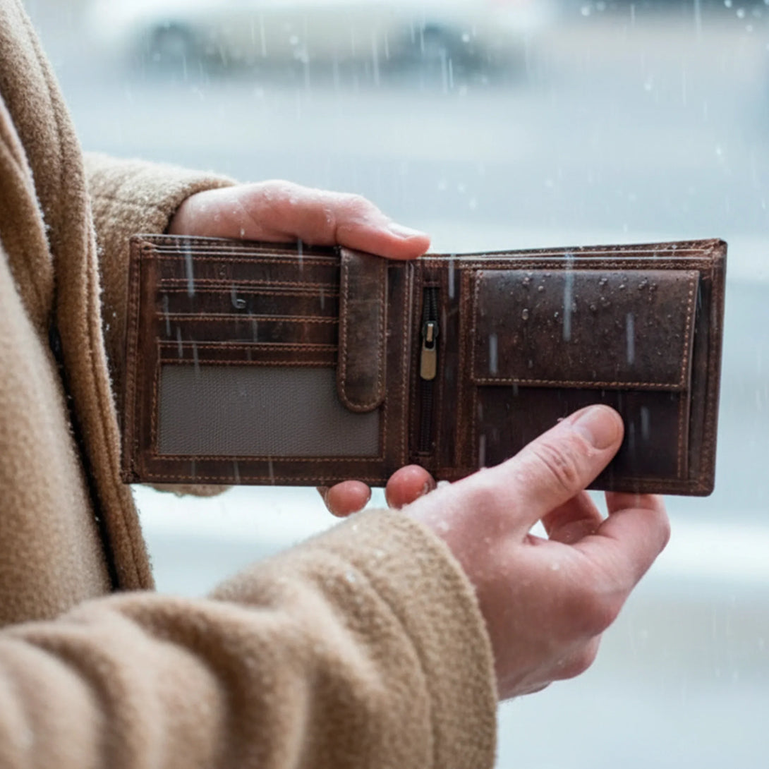 Personalized brown leather men’s wallet with card slots and coin pouch held in hands in rain