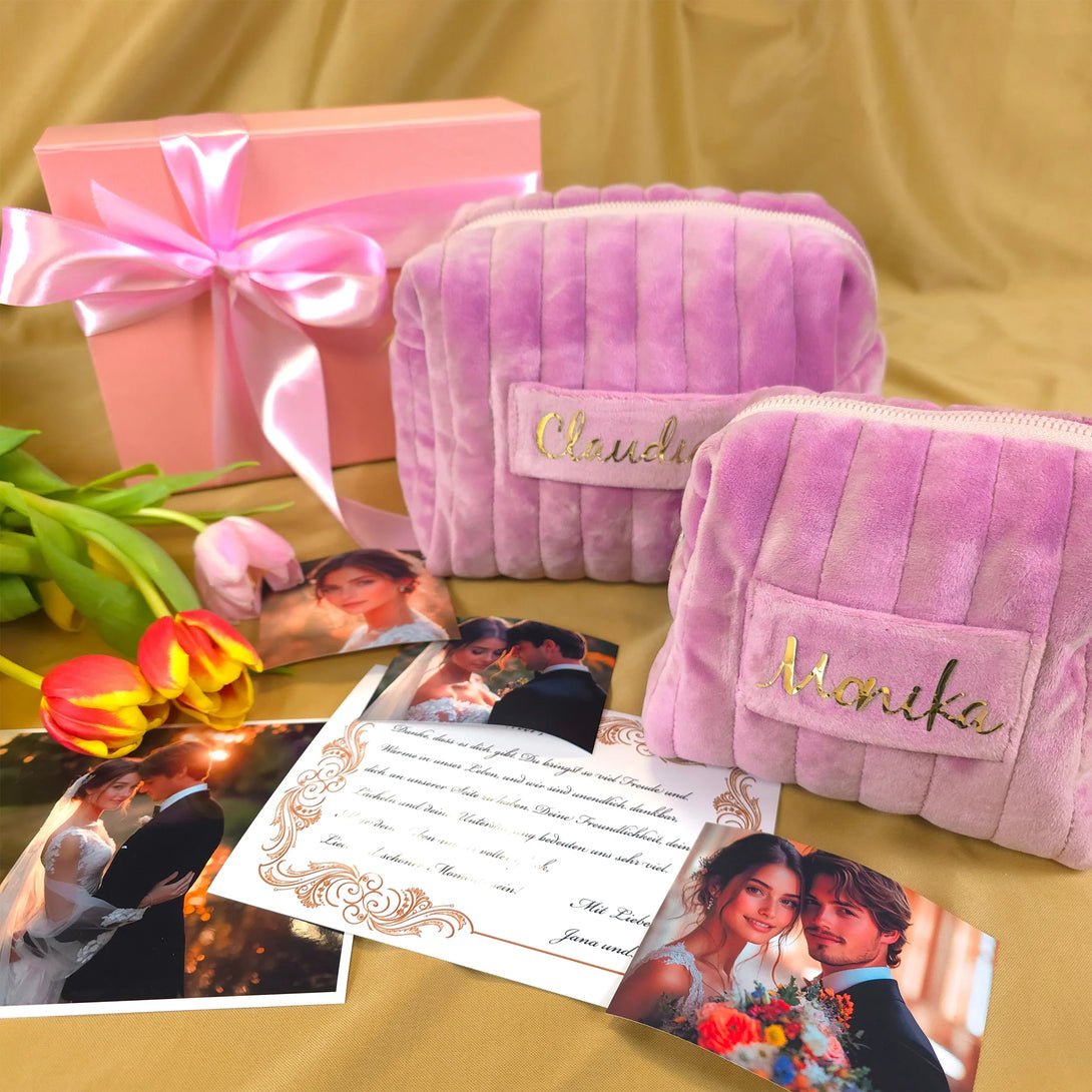 Personalized leather wallet gift set for men with pink velvet pouches, gift box, and photos