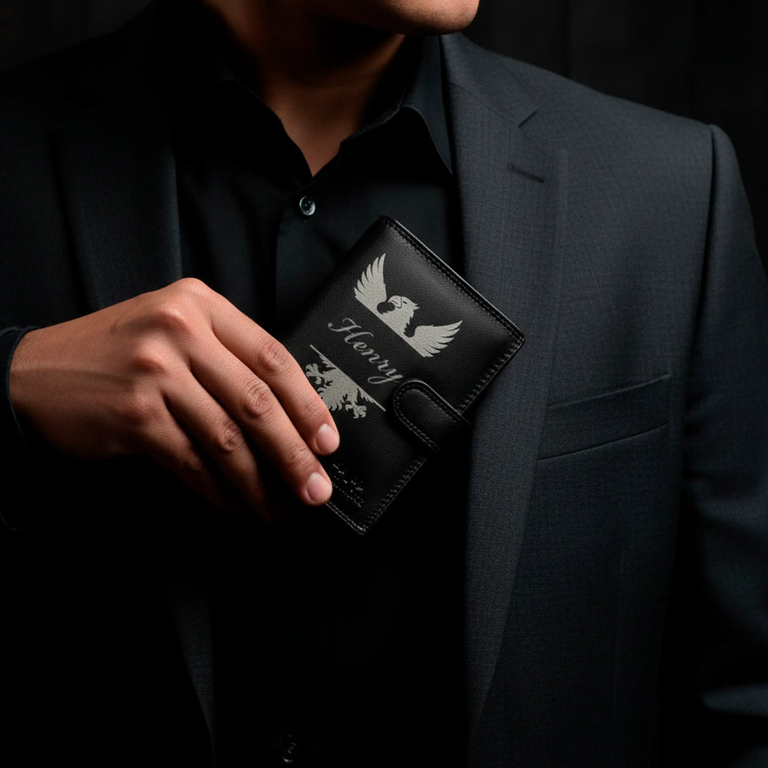 personalized black leather wallet with name Henry held by man in dark suit, men's gift