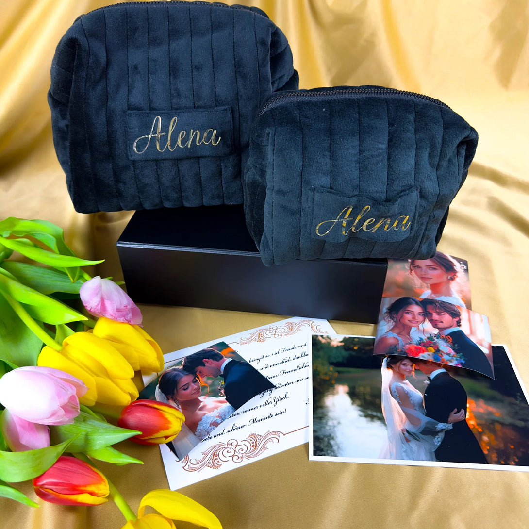 Personalized black leather wallet and belt gift set for men displayed with flowers and wedding photos