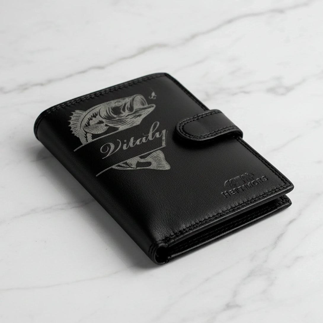 Personalized black leather wallet for men with engraved fish and name Vitaliy, gift item