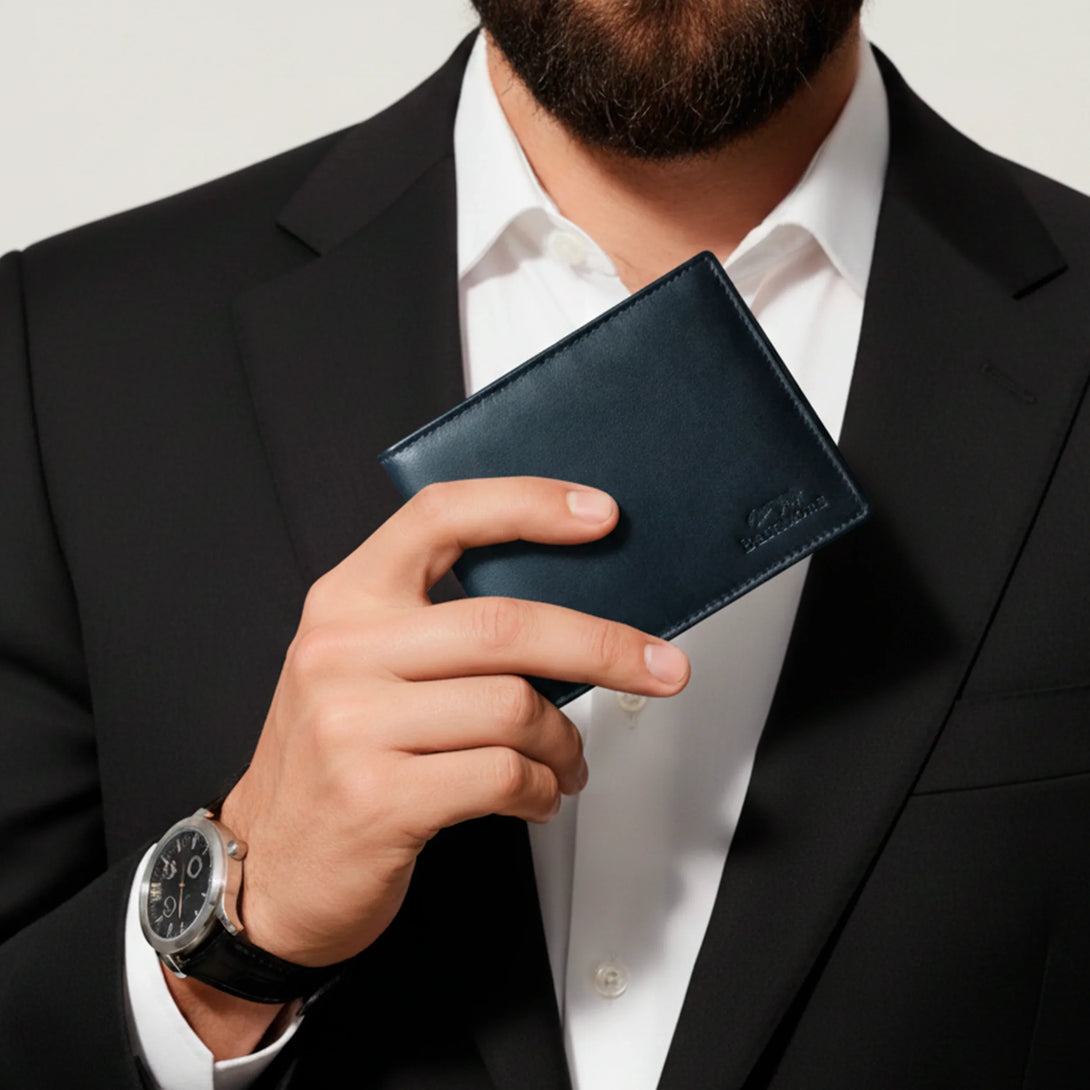 Man in suit holding a personalized leather wallet, stylish gift for men